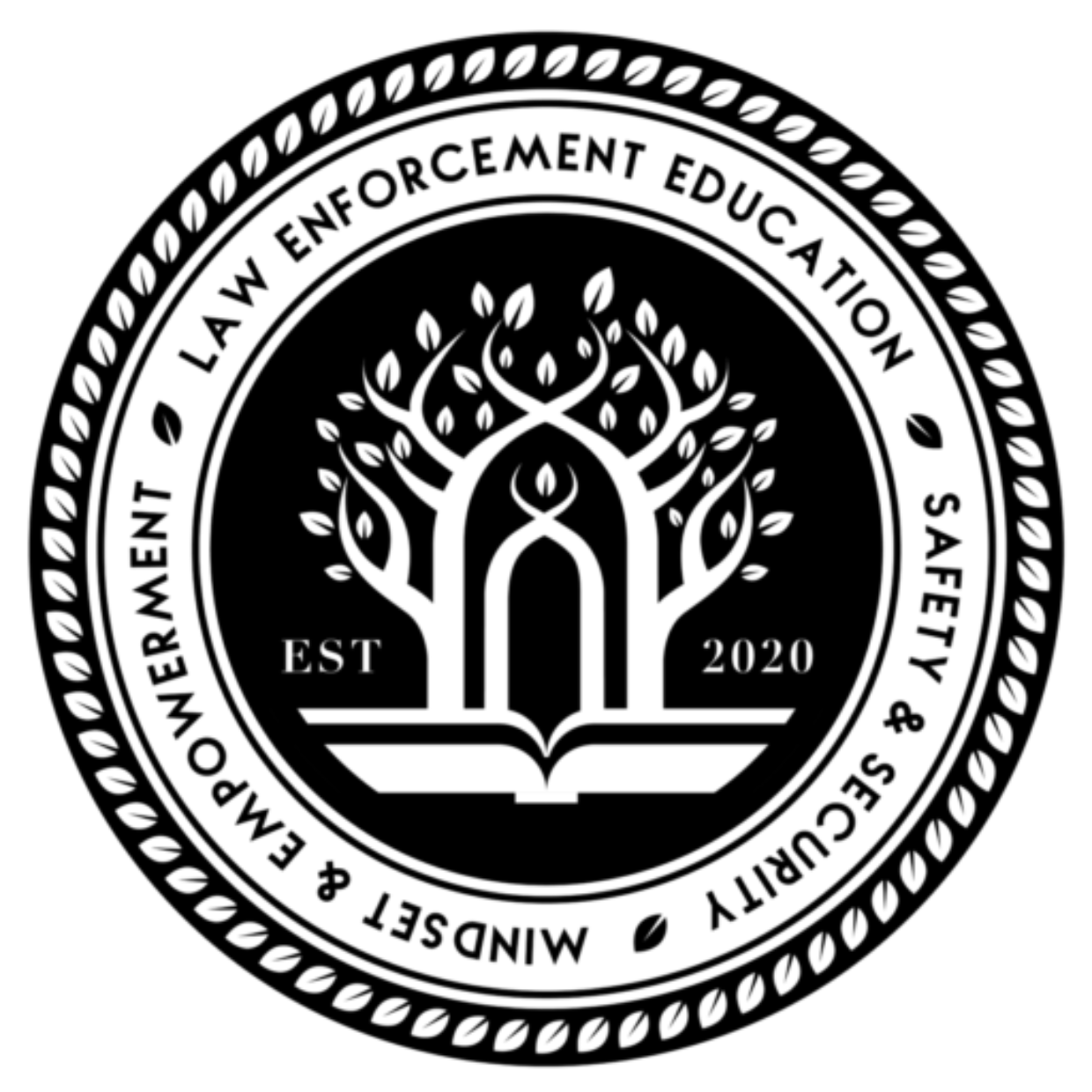 A black and white image of the law enforcement education, safety & criminal justice program logo.